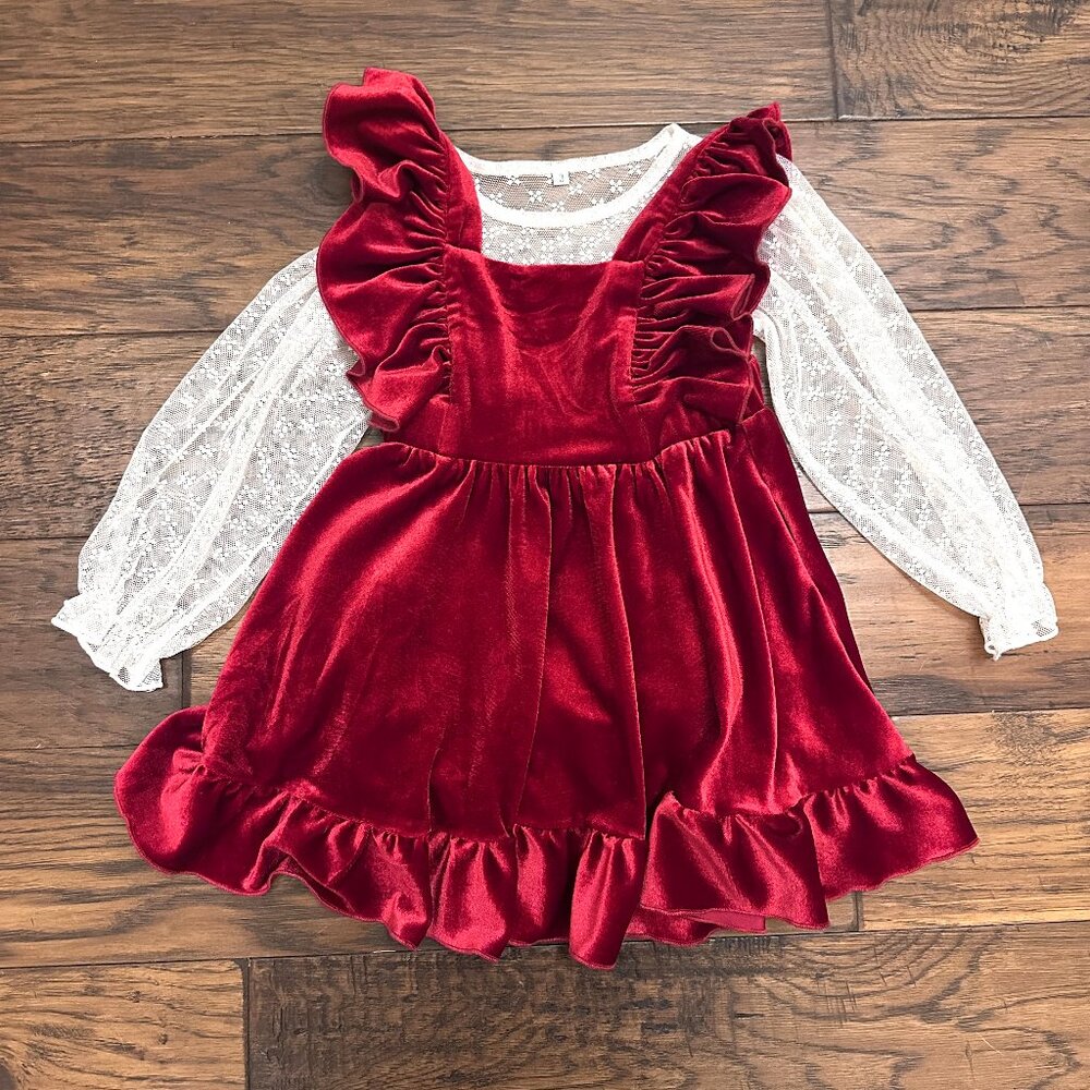 EUC Ollie Jay Red Velvet Jumper/White Lace Shirt Set
